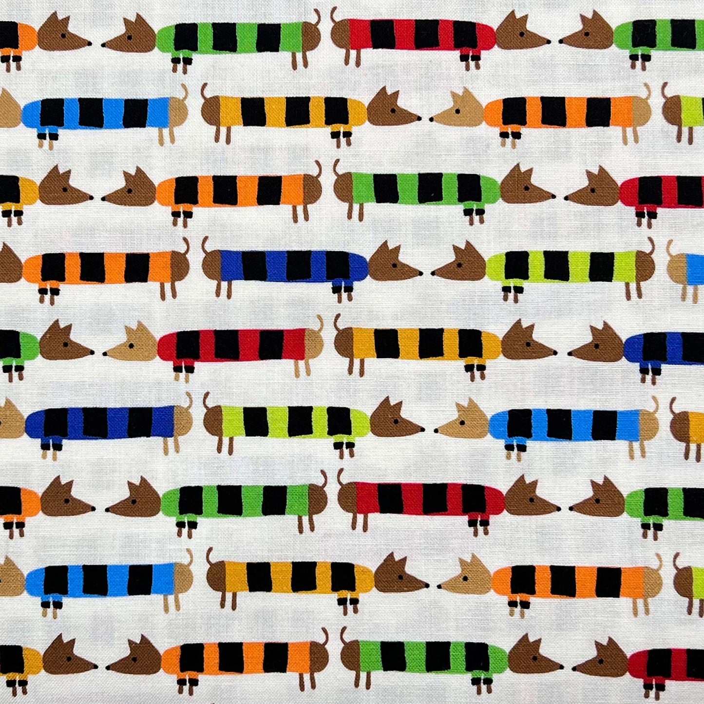 Tessuto a fantasia con bassotti colorati su fondo bianco