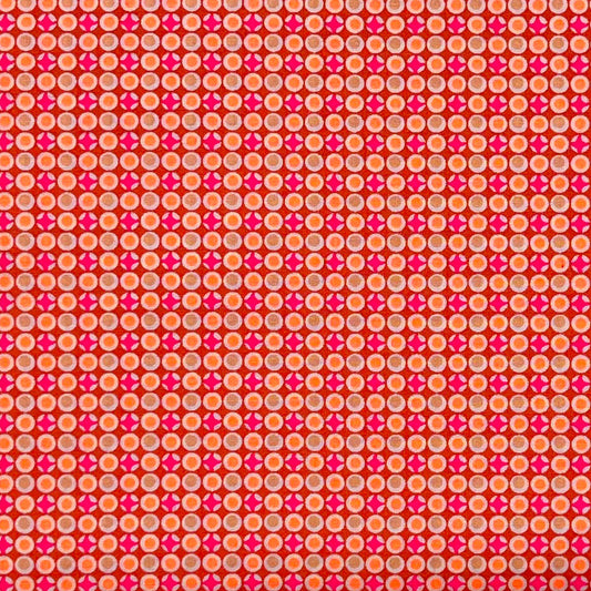 Tessuto fantasia geometrica con pois arancioni e fucsia