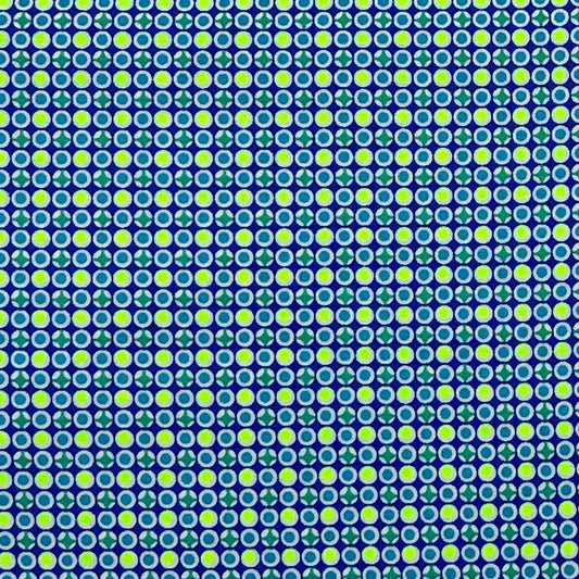 Tessuto fantasia geometrica con pois giallo fluo