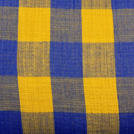 Tessuto in mussola vichy a quadrettoni giallo e blu