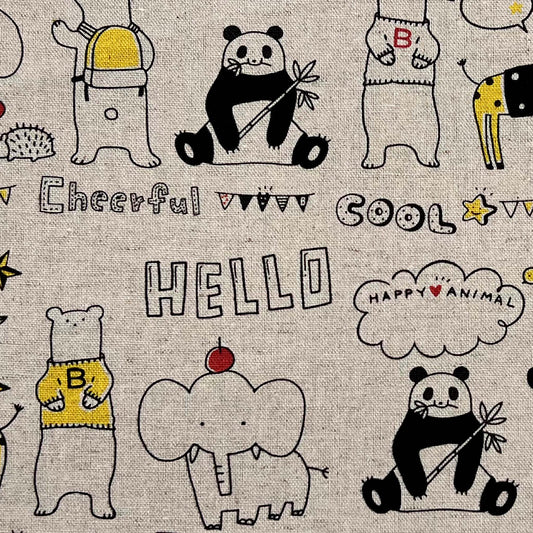 Tessuto a fantasia con animali su fondo ecru