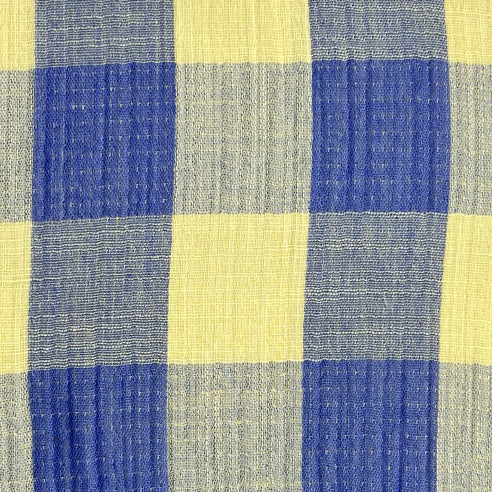 Tessuto in mussola vichy a quadrettoni giallo chiaro e blu
