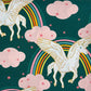 Tessuto a fantasia con arcobaleni e unicorni su fondo verdone